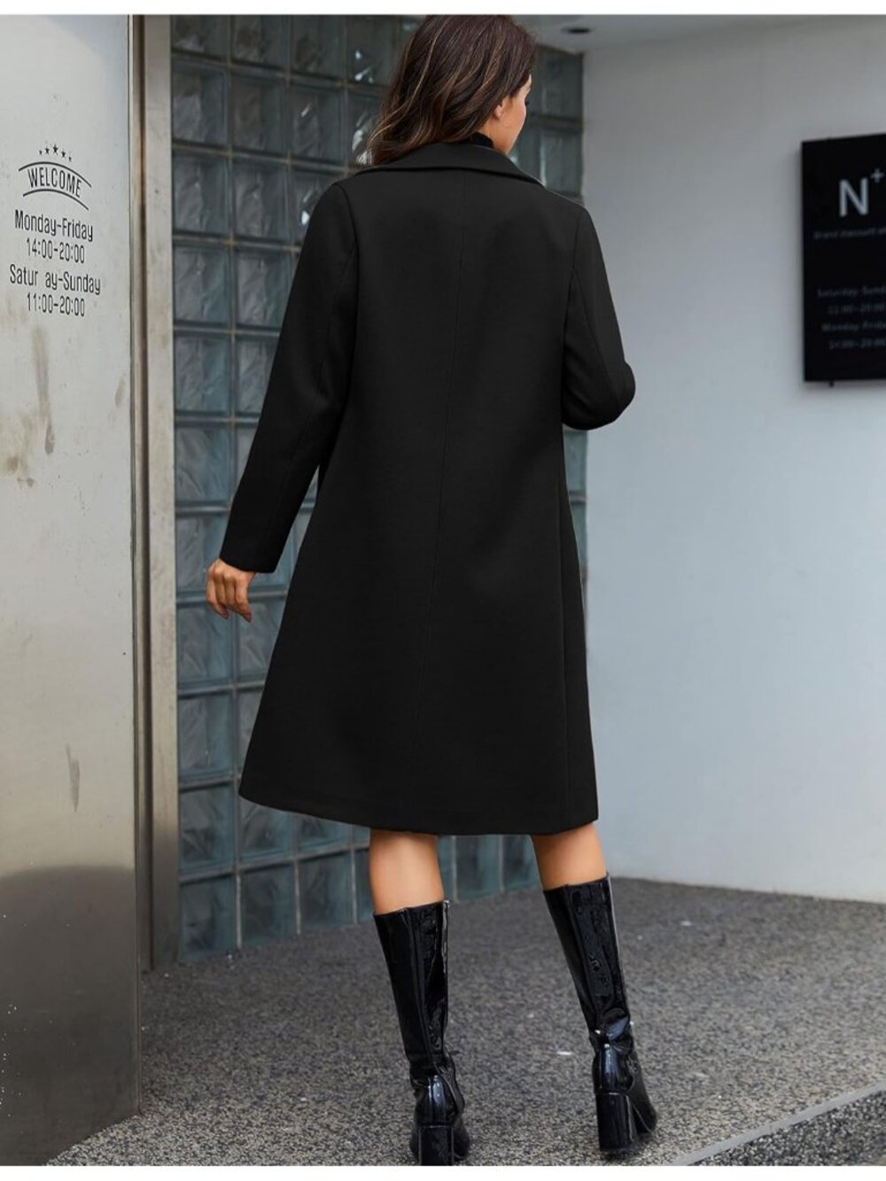 Women's Notch Lapel Double Breasted Black Wool Blend Mid Long Pea Trench Coat - Picture 4 of 6